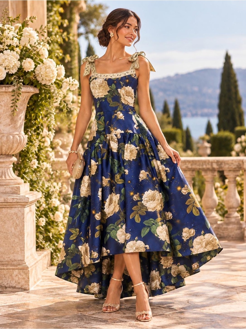Elegant Navy Floral High-Low Midi Dress with Tie Straps